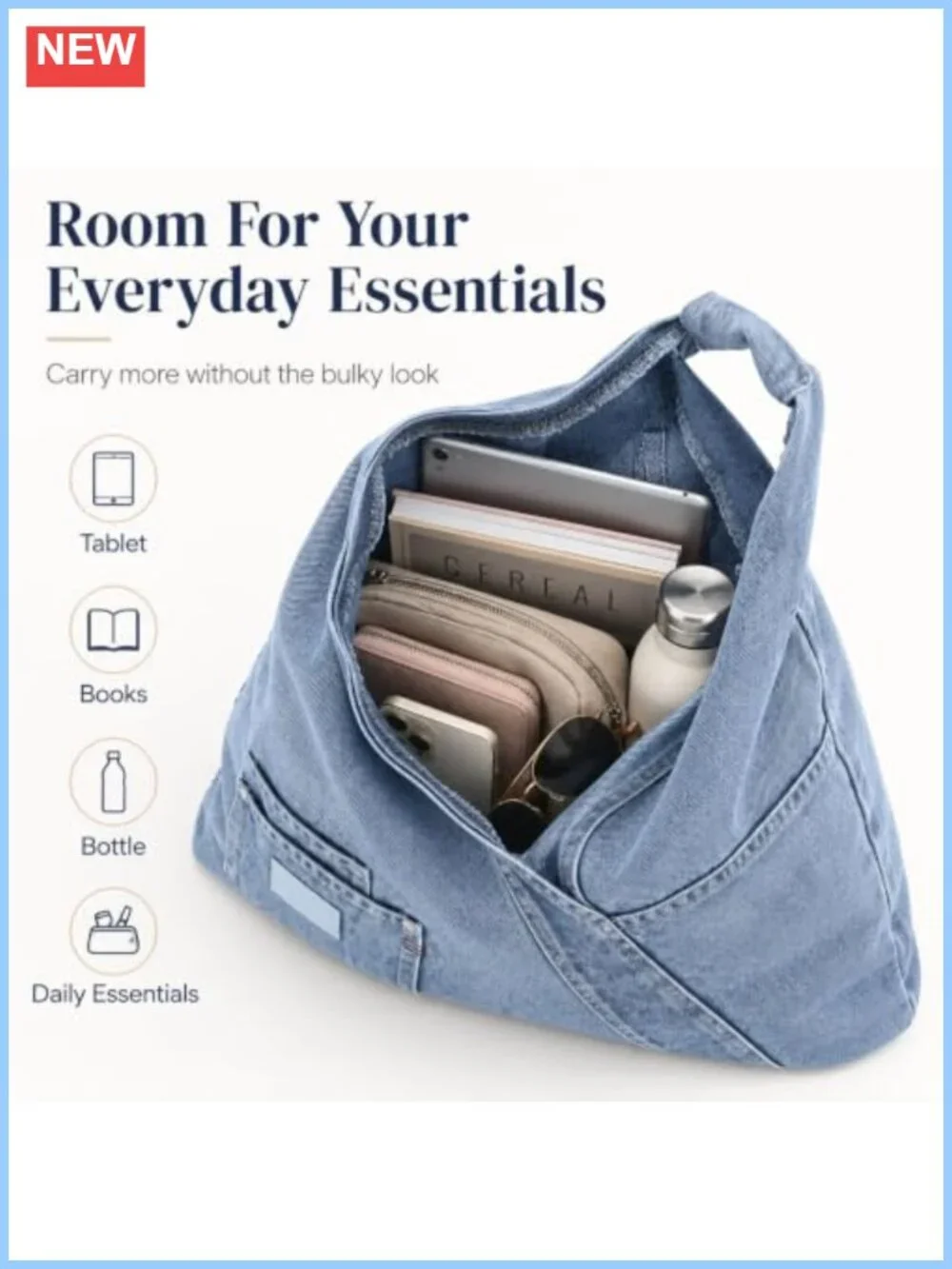 Large Retro Denim Shoulder Tote Bag for Women, Wide Strap